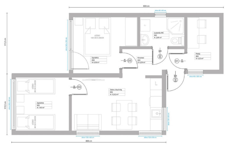 Dom 50m2 - rzut dwie sypialnie